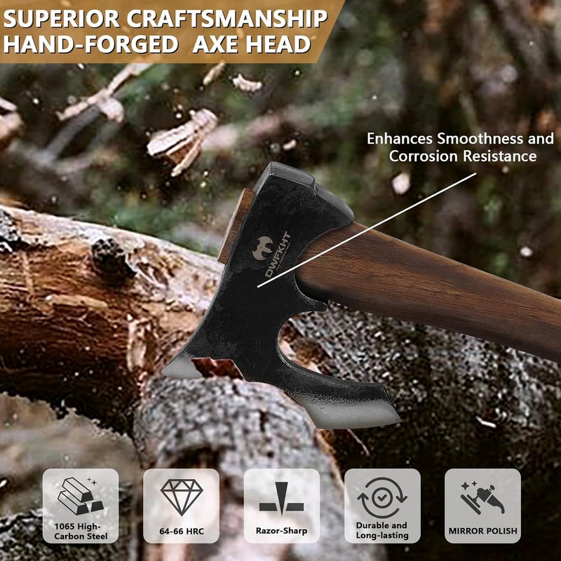 DWFKHT 14.6" Hatchet, Camping Hatchet with Leather Sheath, Bushcraft Axe with 1065 Carbon Steel & Beech Handle, Survival Axe for Wood Splitting and Chopping - Perfect for Gardening and Outdoor - Image 4